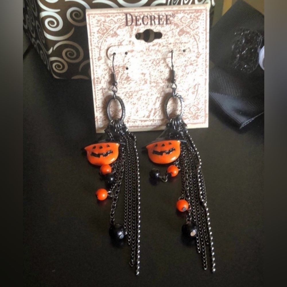 Long Black and Orange Pumpkin Earrings